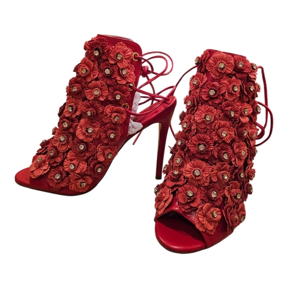 Akira Vigo Fiore Sexy Red Floral Rhinestone Stiletto Heels Sz 11 Party Cocktail - Picture 7 of 12